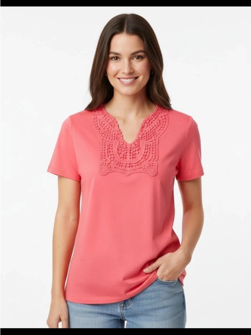 Coral Back in the Saddle Short-Sleeve Cotton Tee with Crochet Yoke